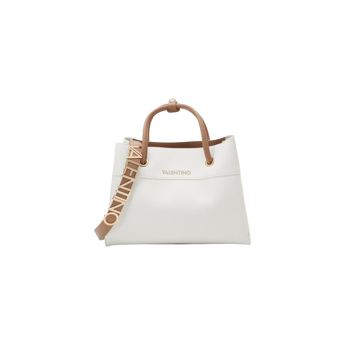 Valentino Bags Alexia, borsa media bianca e cuoio con tracolla logata; interni multi-scomparto, dettagli metallici dorati e chiusura magnetica, stile sofisticato e versatile. Vista frontale