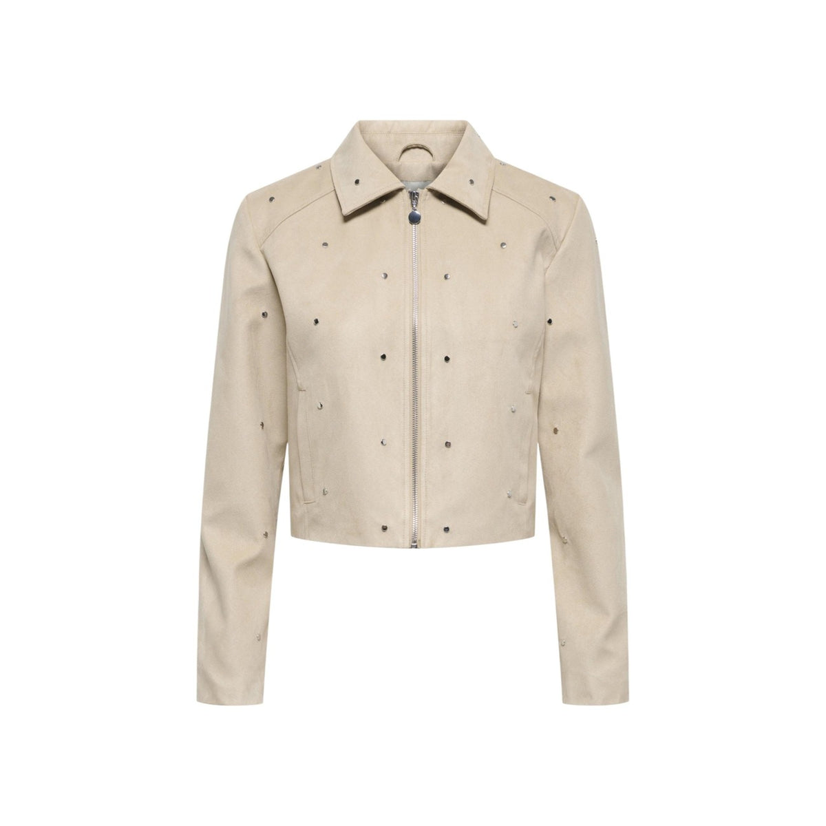 Giacca Jacqueline De Yong donna beige con cerniera maniche lunghe scollo tondo colletto classico tasche anteriori 100% poliestere - vista frontale