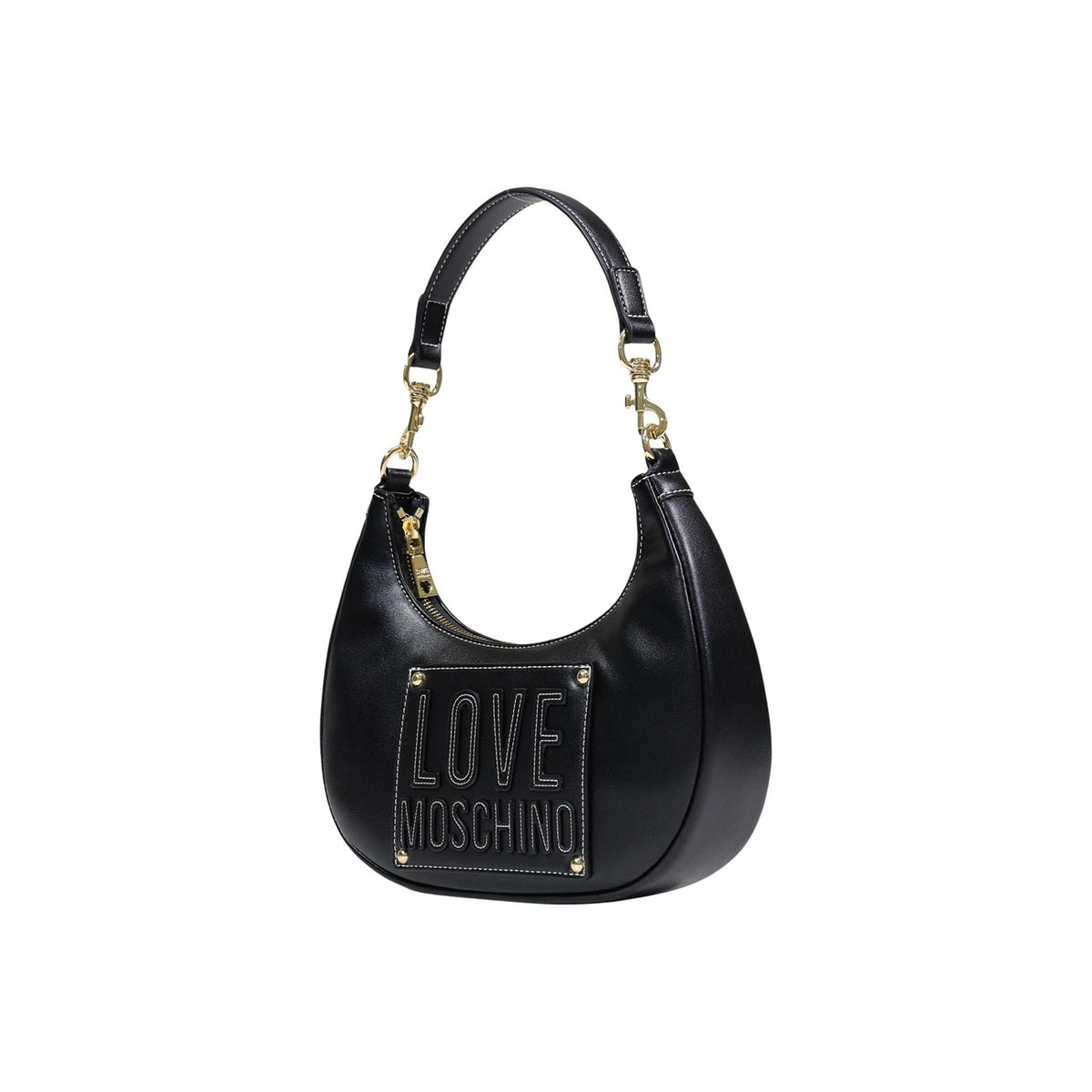 Borsa Love Moschino donna nera spalla modello JC4068PP1. Borsetta hobo piccola nera con manico singolo robusto, logo metallico dorato lucido in rilievo sul davanti e chiusura con cerniera, stile casual chic ed elegante da giorno o sera.