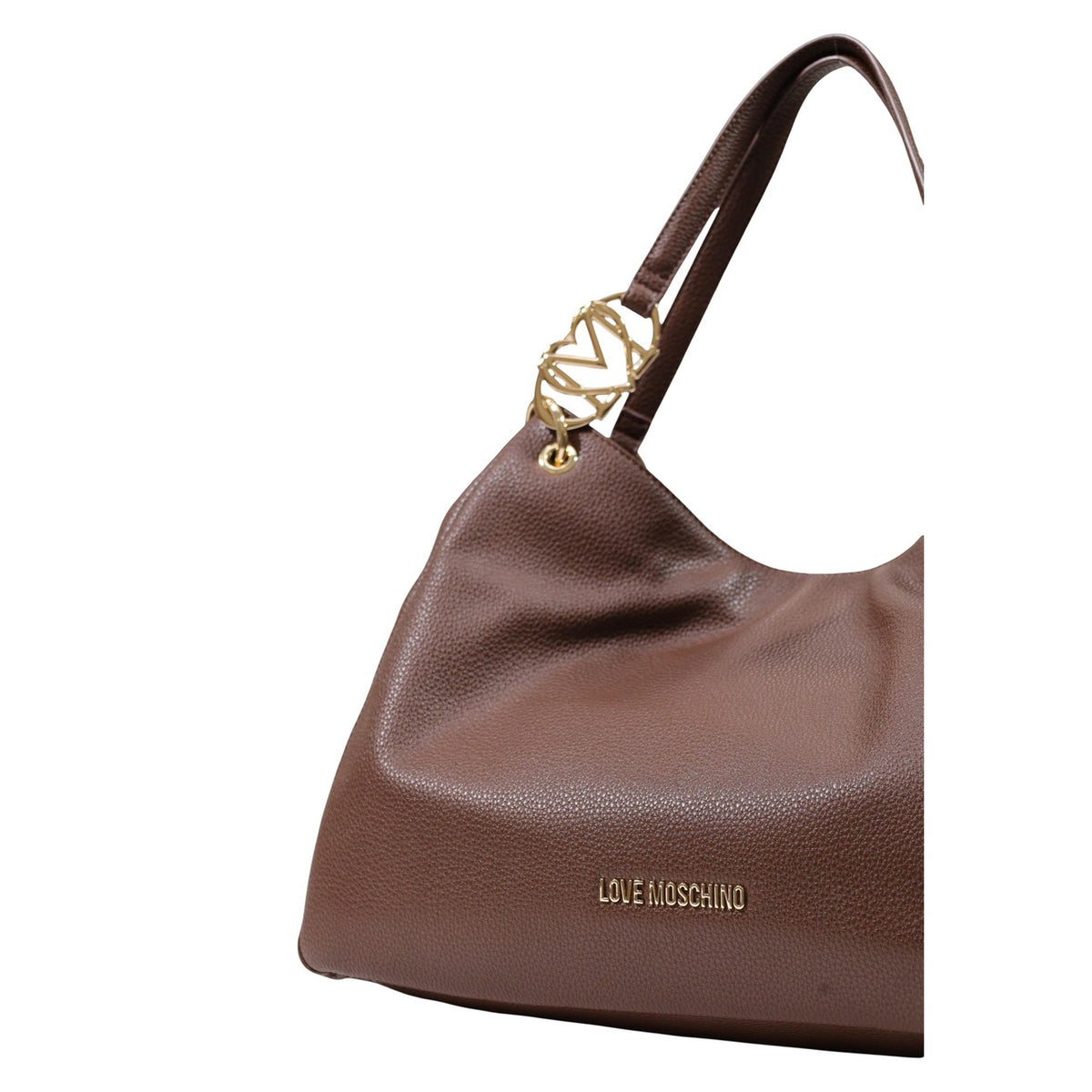 Borsa Love Moschino donna marrone grande a spalla modello JC4014PP. Sacca hobo spaziosa effetto pelle marrone cuoio con finiture oro intrecciate sui manici e zip stile elegante, casual chic e da lavoro.