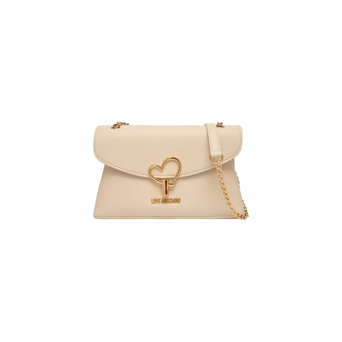 Borsa Love Moschino donna beige a spalla modello JC4138PP1. Borsetta media a tracolla color beige cipria/nude con catena oro e dettaglio cuore dorato sulla patta stile elegante, chic e da cerimonia o sera.