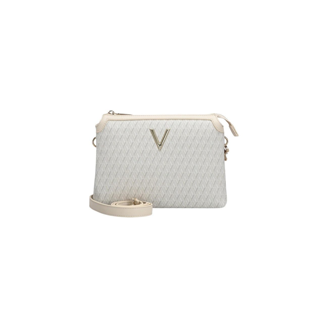 Valentino Bags Queen Re VBS9OX42, borsa bianca a tracolla con motivo geometrico e logo a V; interni organizzati, chiusura sicura con zip e design moderno in 100% poliuretano. Vista frontale