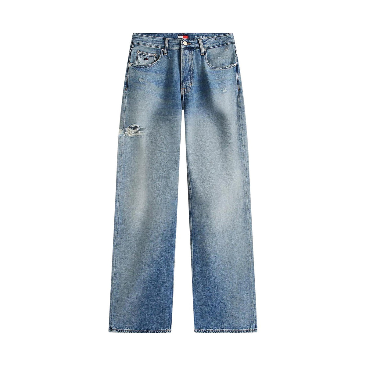 Jeans Tommy Hilfiger Mia; Ultra Relaxed Fit, Azzurro. 71% Cotone Organico, 29% Lyocell. Taglio dritto, vita media, dettagli distressed. Stile grunge-vintage per la stagione Primavera/Estate. Vista stesa