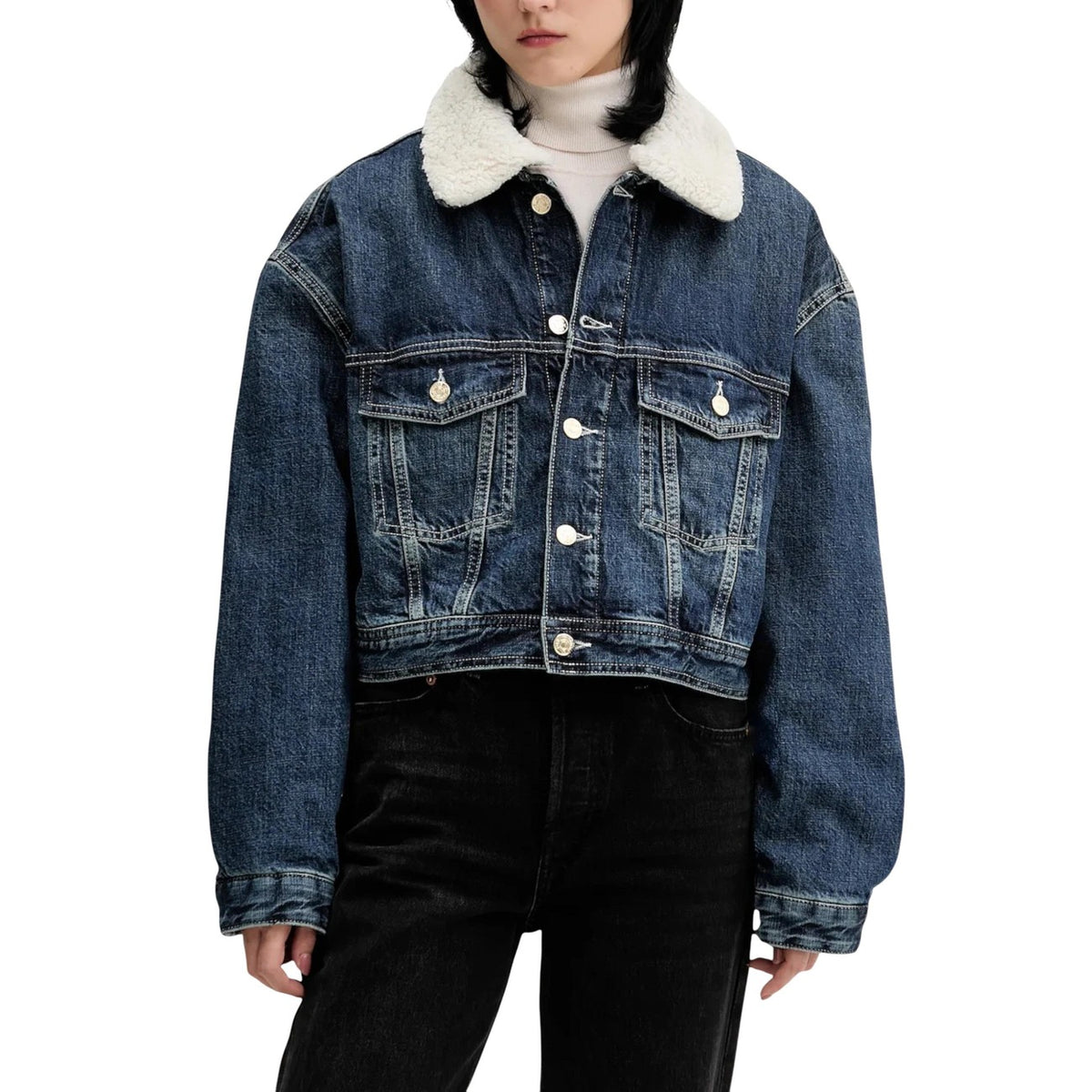 Giacca Trucker Tommy Girl; Denim 12,9 oz Imbottito. Colletto sherpa staccabile, fit oversize, 100% cotone. Giubbotto jeans donna caldo e iconico
