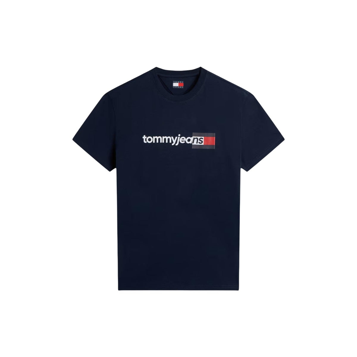 T-shirt blu navy Tommy Jeans; Logo Print. 100% Cotone Rigenerato. Regular fit, girocollo, stile casual sostenibile. Leggera, traspirante e iconica. Vista Stesa frontale