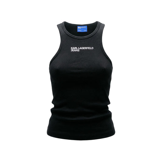 Canotta Ribbed Karl Lagerfeld; 96% Cotone Bio, 4% Elastan. Tessuto a costine, vestibilità slim, logo ricamato. Top donna sostenibile, fresco e traspirante per la PE26 Vista frontale