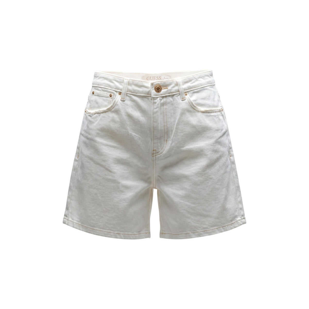 Guess Super Relaxed Short; Bianco. 74% Cotone, 26% Lyocell. Vita alta, gamba ampia, modello 5 tasche con logo iconico. Tessuto leggero e traspirante. Vista stesa
