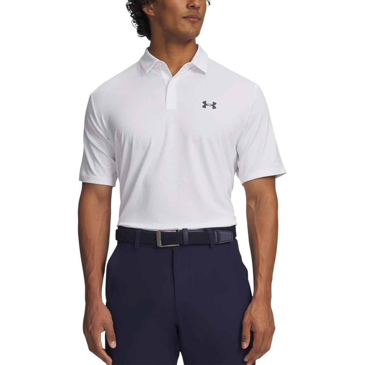 Polo Under Armour SHORT-SLEEVE PERFORMANCE 3.0 uomo bianca con bottoni maniche corte scollo tondo colletto polo 93% poliestere 7% elastan - vista frontale indossata da modello