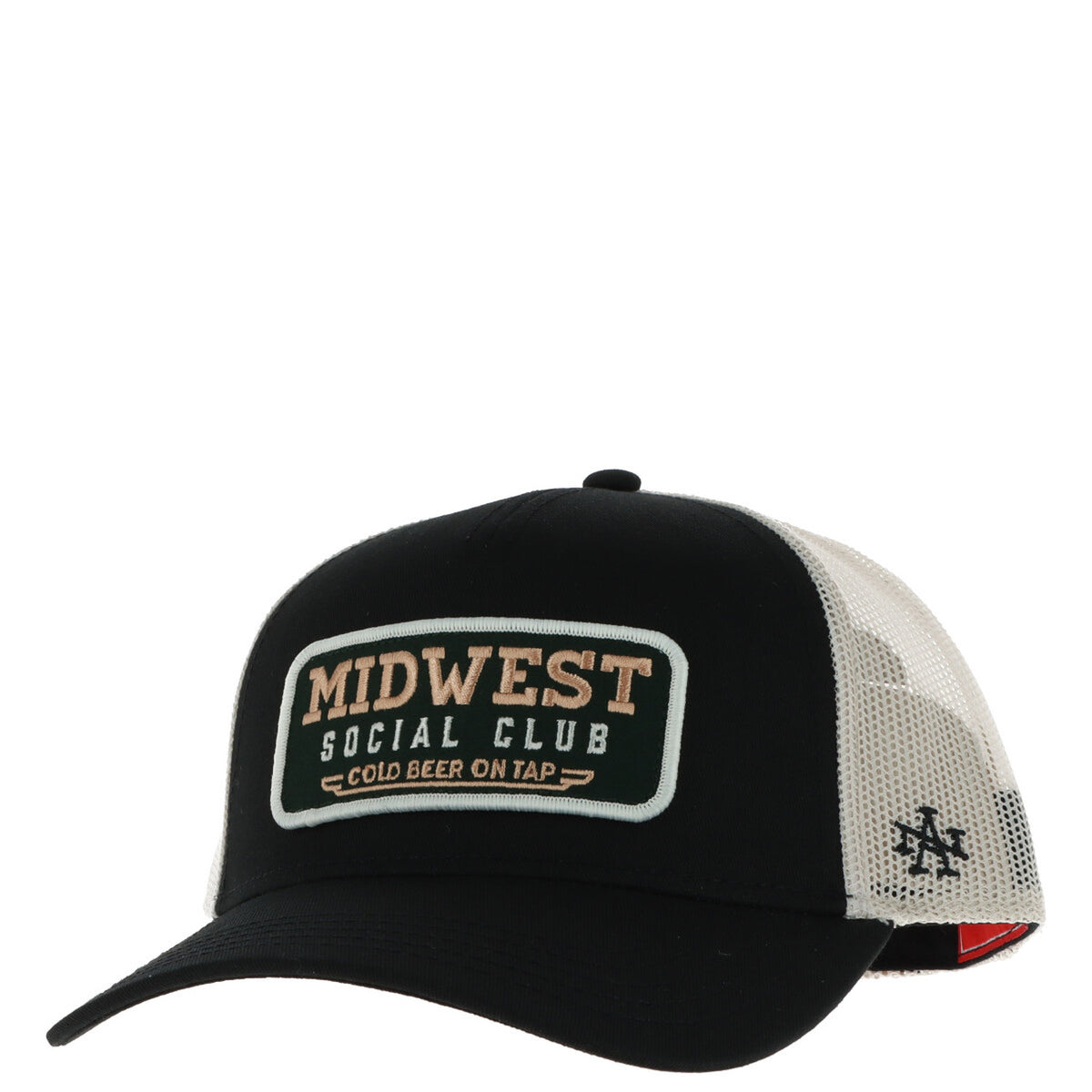 Cappellino American Needle Midwest social club SMU679A; nero, fantasia stampata, misto cotone e poliestere. Design urban, chiusura regolabile.