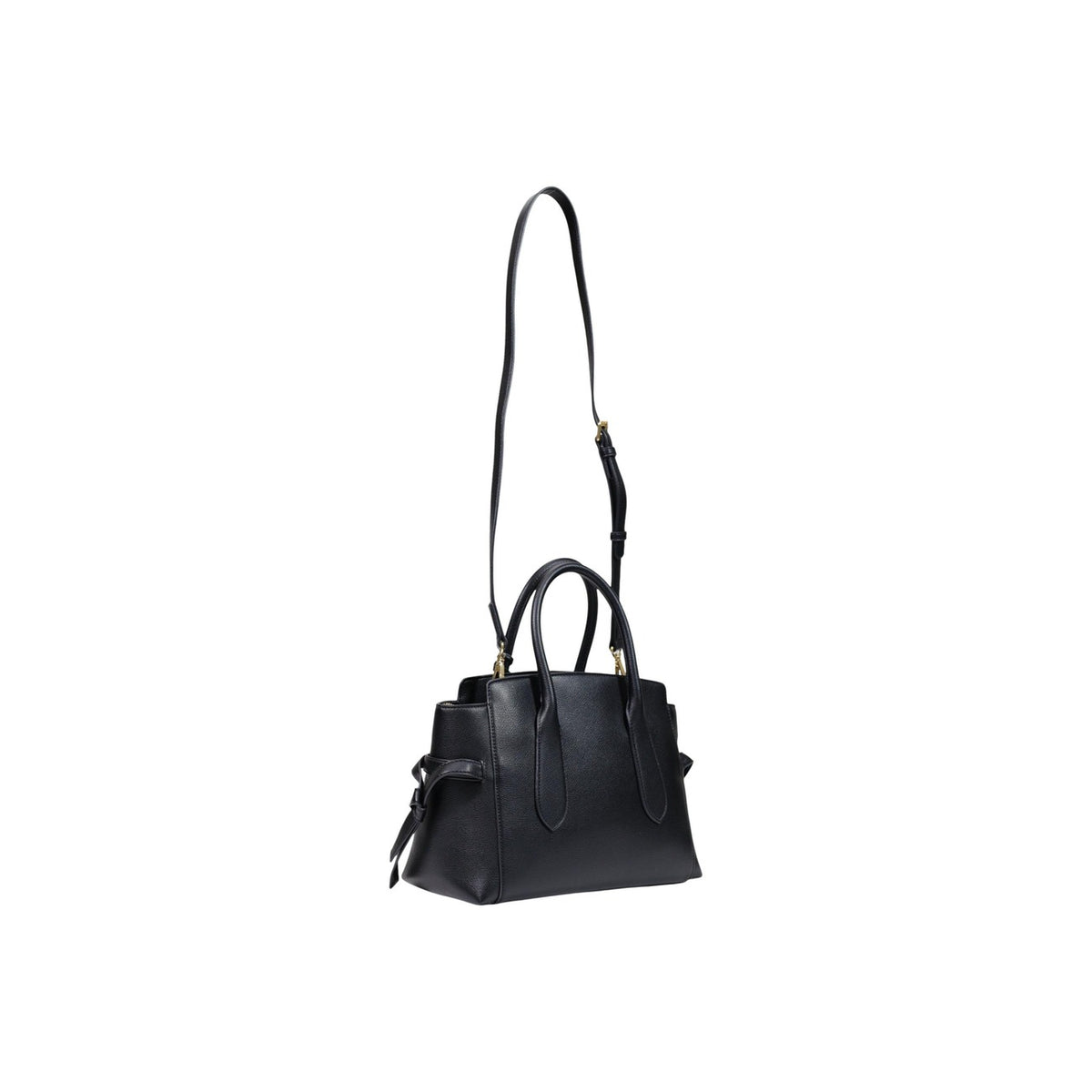 Borsa Love Moschino donna nera a mano modello JC4055PP. Bauletto nero grande con manici corti rigidi, fibbie laterali decorative e ciondolo charm oro con logo, stile elegante, moderno e casual chic per ufficio o giorno.