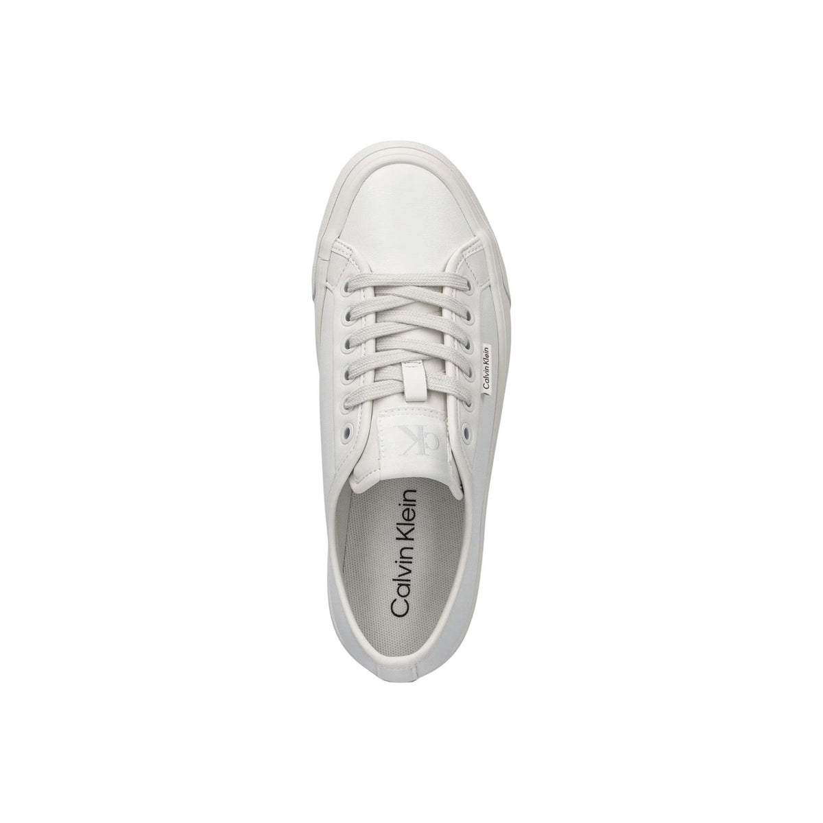 Sneakers CK Jeans Vulc Flat; 100% Pelle. Suola in gomma piatta, dettagli metallici logo, design minimal. Scarpa donna bianca versatile, comoda e di alta qualità. Vista dall’alto