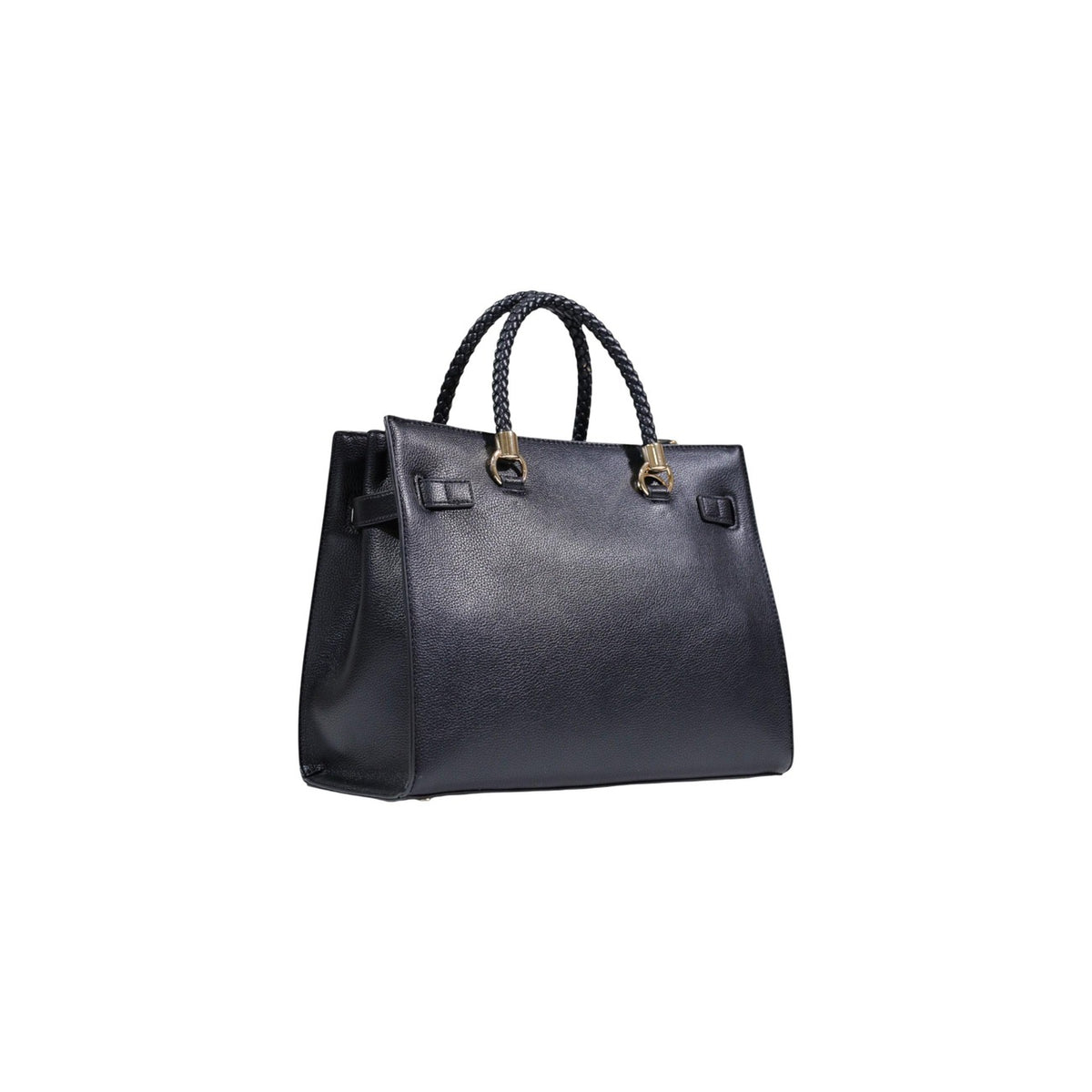 Borsa Satchel Liu Jo Better; effetto bottalato nero. Tre scomparti (zip e magnetico), manici intrecciati, tracolla removibile. Borsa donna media, versatile e sostenibile. Vista posteriore laterale
