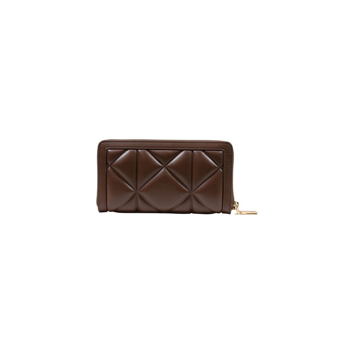 Portafoglio Love Moschino donna marrone modello JC5644PP. Portamonete e portatessere rettangolare compatto trapuntato marrone cuoio con zip oro e placca logo decorata stile elegante, classico e da borsa.