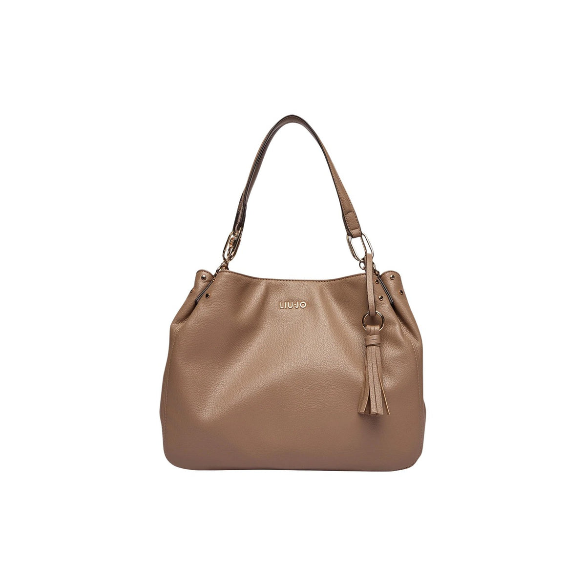 Borsa Liu Jo ECS M Satchel color Cammello; 100% Poliuretano. Charm con frangia, dettagli dorati, doppi manici. Borsa media versatile, elegante e capiente. Vista frontale