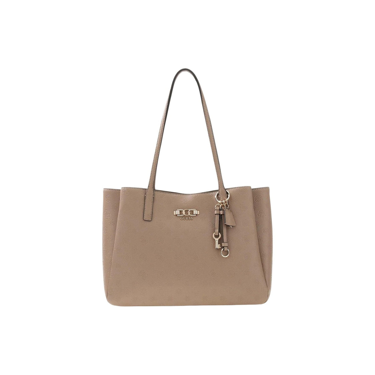 Guess Anise Multi Comp Tote HWPD99, borsa beige scuro grande a spalla con dettagli dorati e charm; interno multi-scomparto, chiusura sicura e logo metallico, massima praticità e stile. Vista frontale