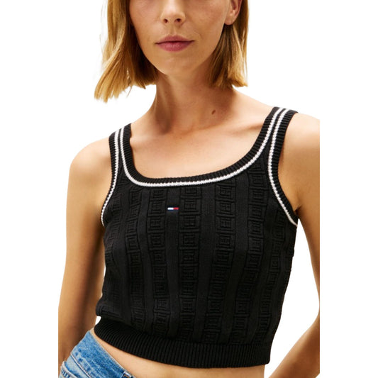 Top Tommy Hilfiger Jeans donna nero crop in maglia intrecciata spalline scollo tondo 88% cotone organico 12% poliammide - dettaglio frontale