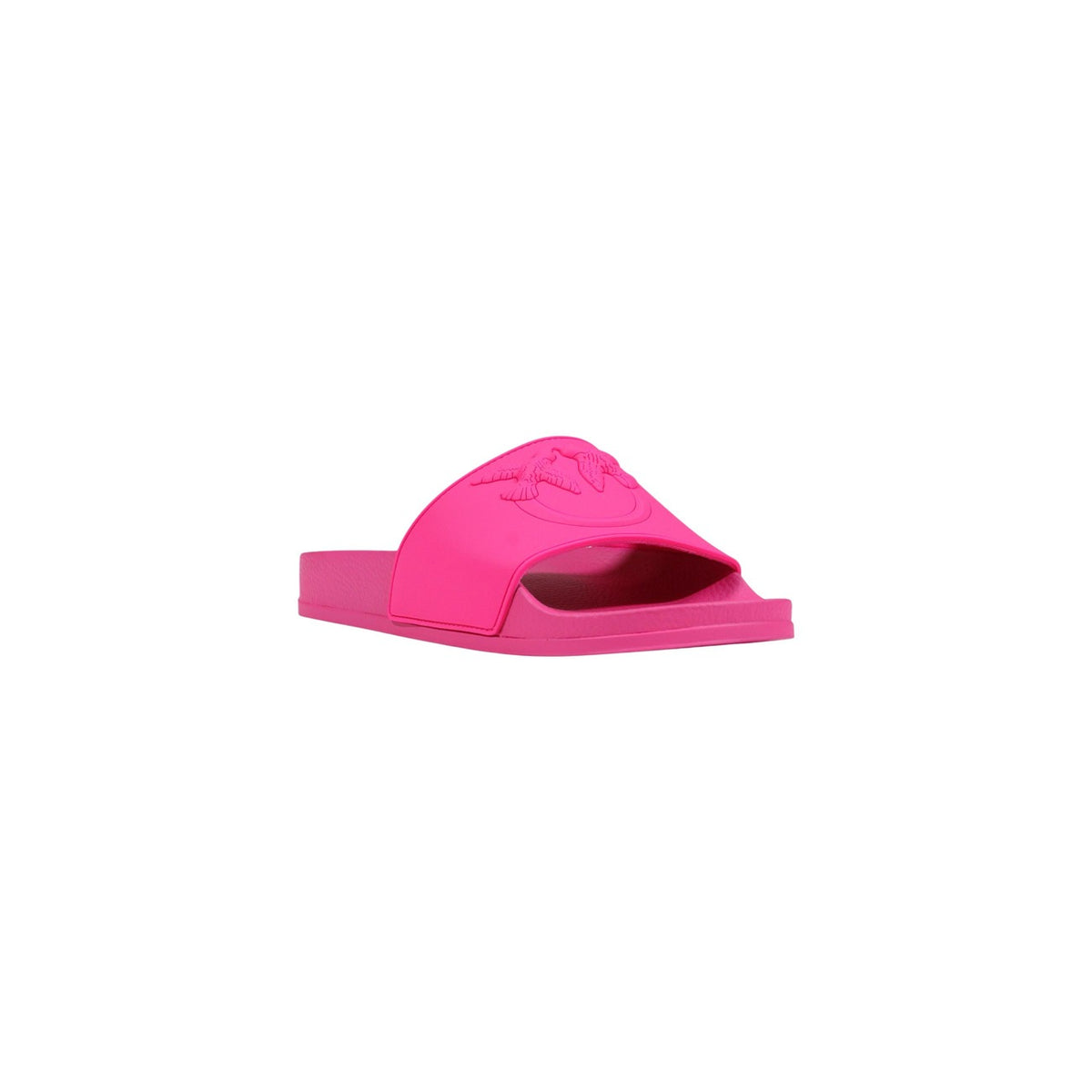 Slide Pinko DILLY 01; 100% PVC. Logo Love Birds in rilievo, fascia ampia, suola sagomata. Ciabatte donna resistenti e facili da pulire per la PE26. Colore fucsia vista frontale