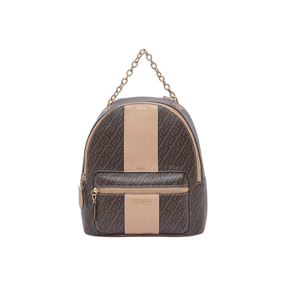 Liu Jo Zaino M marrone AA6111; texture monogrammata, manico a catena gold e spallacci regolabili. Zaino medio in ecopelle resistente, perfetto per il tempo libero e il lavoro. Vista frontale
