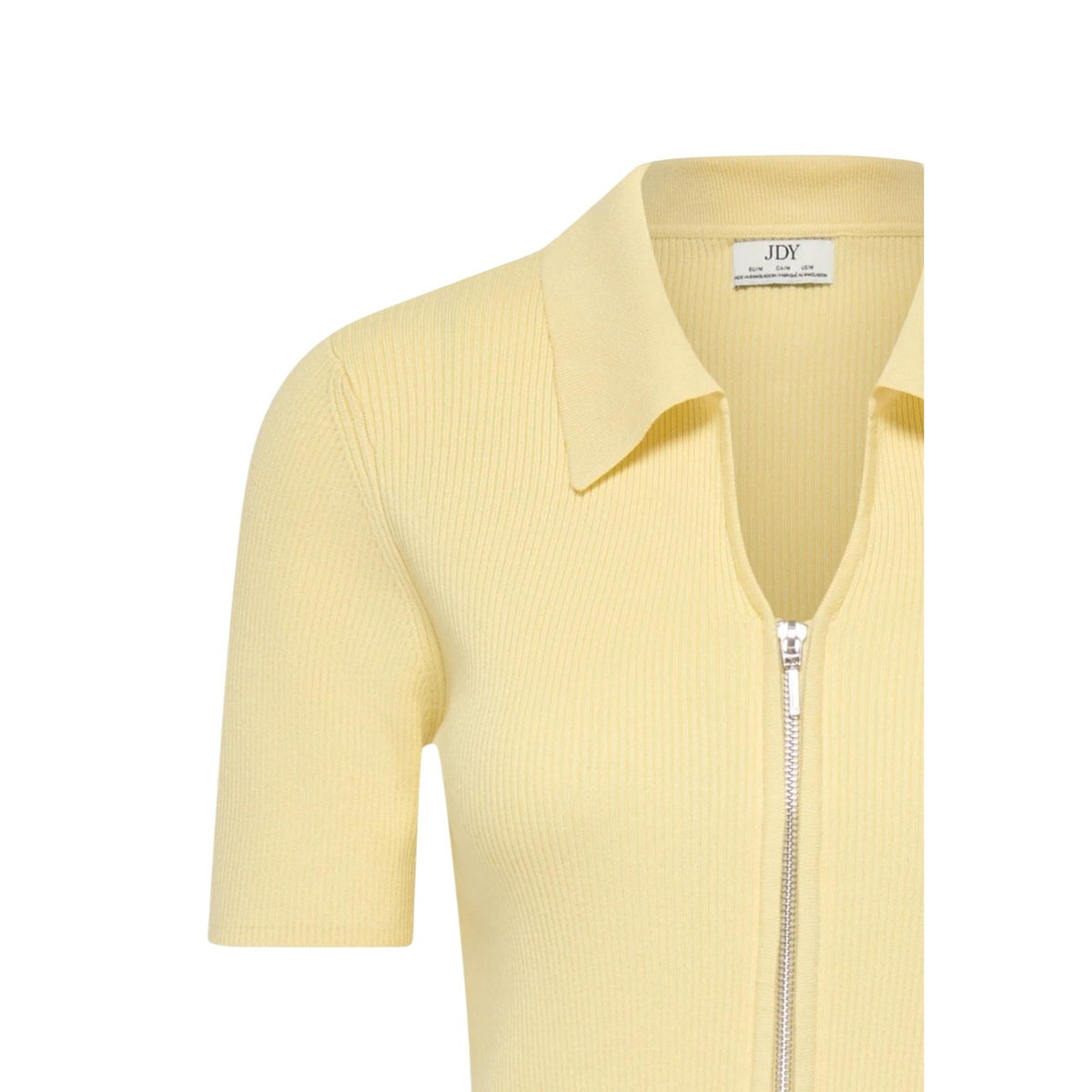 Cardigan JDY Jdynanna; 80% viscosa, 20% nylon, lavorazione a costine. Maniche corte, colletto classico, chiusura con zip. Maglia elastica, traspirante e antipiega per outfit quotidiani. Colore giallo.