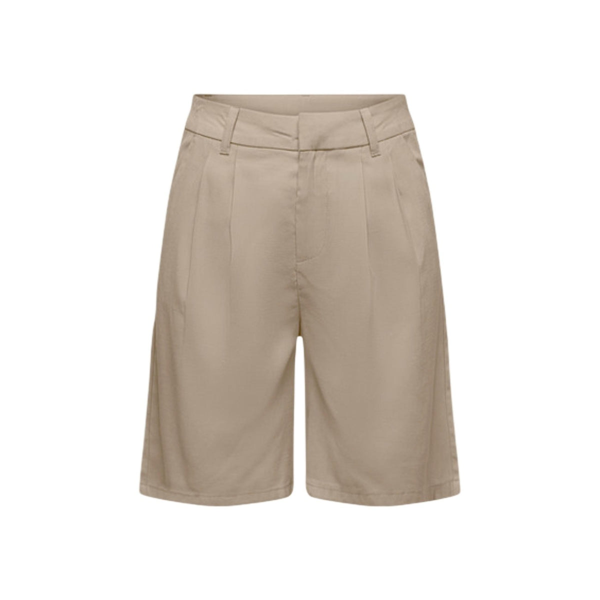 ONLY Aris Life Bermuda; 93% viscosa, linea diritta, vita normale con cerniera nascosta. Lo shorts raffinato e traspirante per l'estate. Colore beige vista frontale stesa