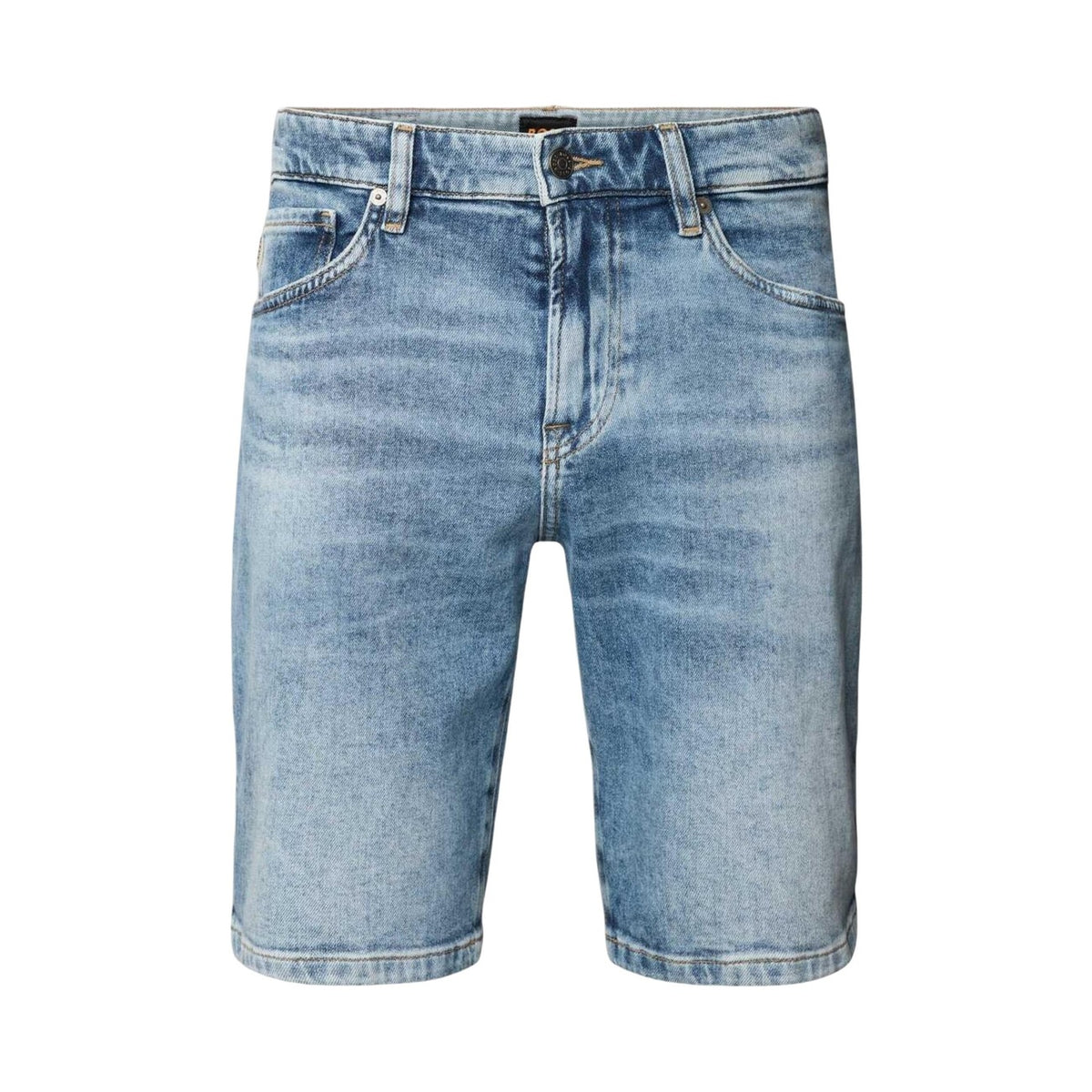 Bermuda denim Boss Re.Maine; 99% cotone, orlo risvoltato, vestibilità regolare. Stile casual premium per l'estate. Vista frontale stesa