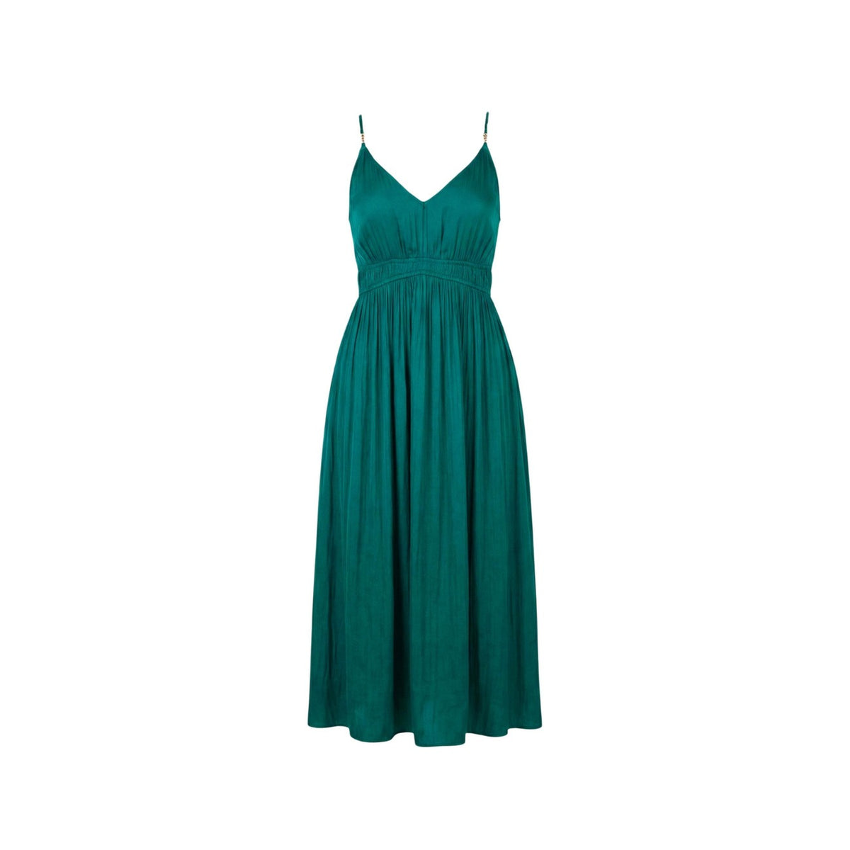 Abito midi verde Morgan De Toi Roiya, 100% poliestere leggero, scollatura a V e spalline regolabili; vestibilità fluida e design senza tempo per eventi formali. Vista frontale Stesa