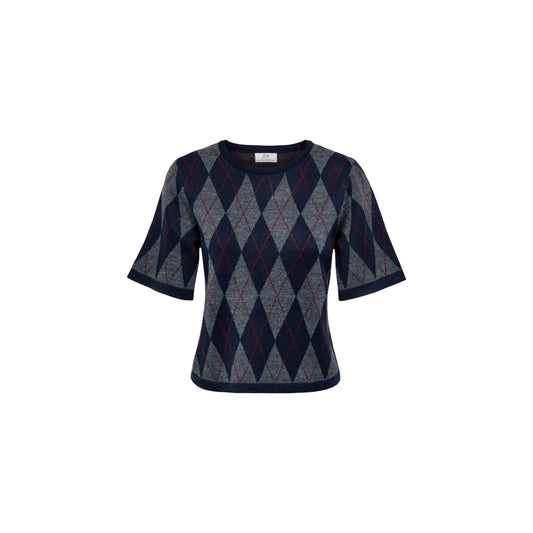 Maglione blu maniche corte donna Jacqueline De Yong 15382048. Pullover jacquard geometrico paricollo in acrilico, lana e viscosa vestibilità regular fit.