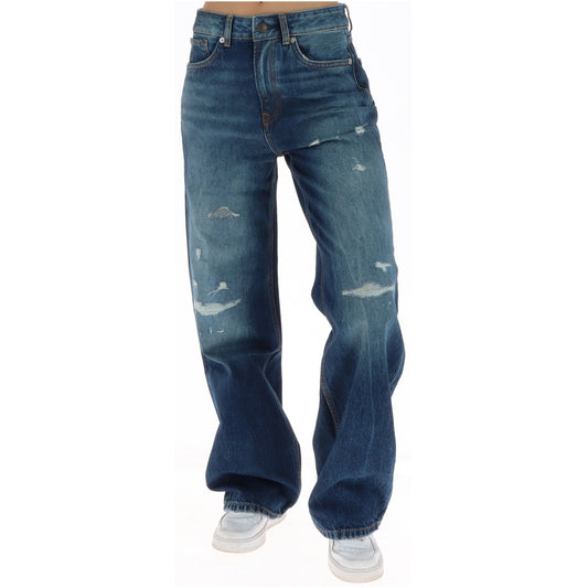 Jeans straight fit da donna Pepe Jeans in denim di cotone blu indigo, a vita alta e gamba dritta, con dettagli strappati, cinque tasche e chiusura con zip e bottone.