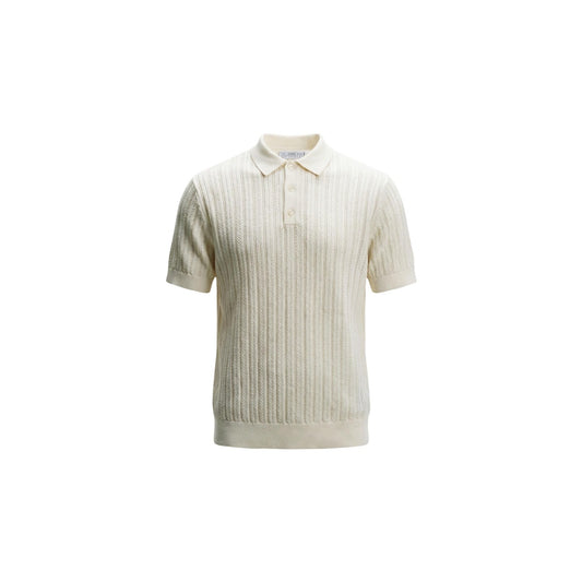 Guess Lonny Polo Herringbone; 50% cotone 50% viscosa, trama a spina di pesce, stile knitwear contemporaneo. Colore bianco. Vista frontale Stesa