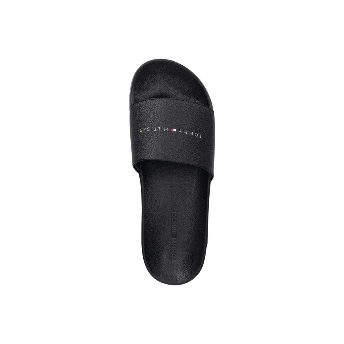 Ciabatte Tommy Hilfiger FM0FM05799; 59% Poliuretano. Fascia logata, suola anatomica, materiale idrorepellente. Slide uomo leggera, robusta e antiscivolo per la PE26. Colore nero vista dall’alto