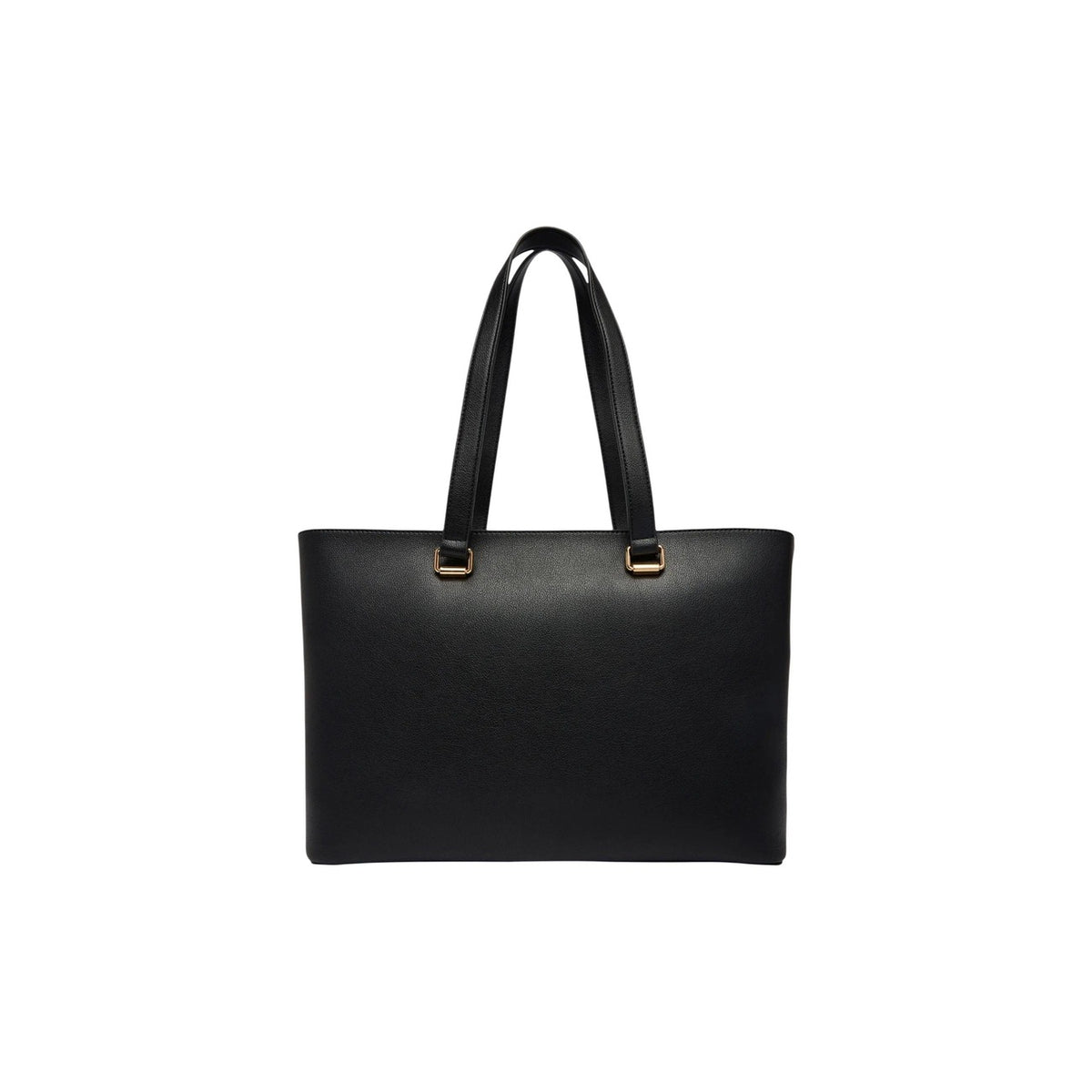 Borsa Love Moschino donna nera grande spalla modello JC4136PP1. Shopping bag shopper nera in ecopelle con tasca anteriore a patta, logo e placca a cuore in metallo dorato lucido, borsa giorno capiente per ufficio e università con chiusura a zip.