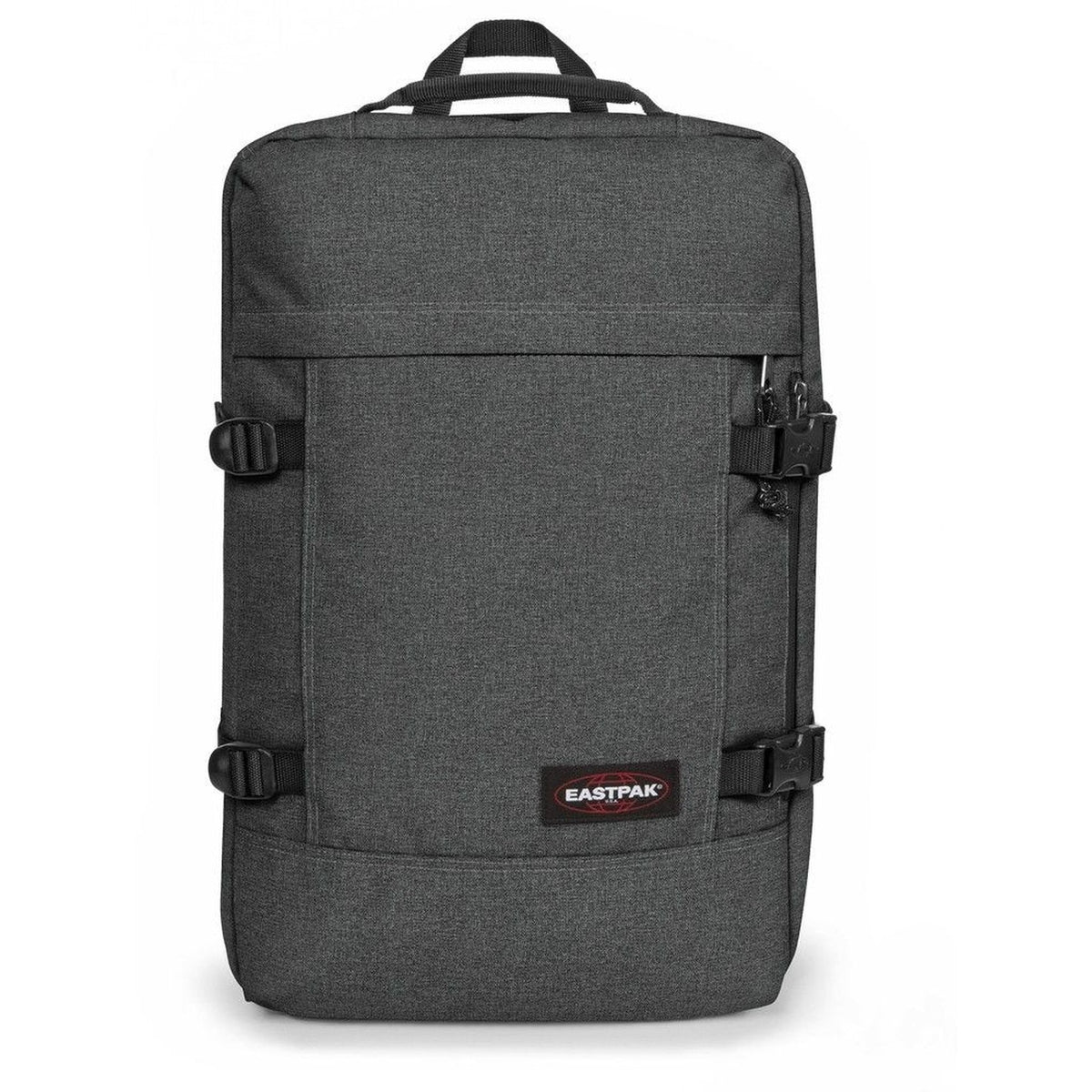 Zaino Borsone nero denim Eastpak Travelpack; 51x33x23 cm. 100% poliestere idrorepellente, doppio scomparto con zip e tasca laptop 17". Spallacci e manici a scomparsa, ideale come bagaglio a mano
