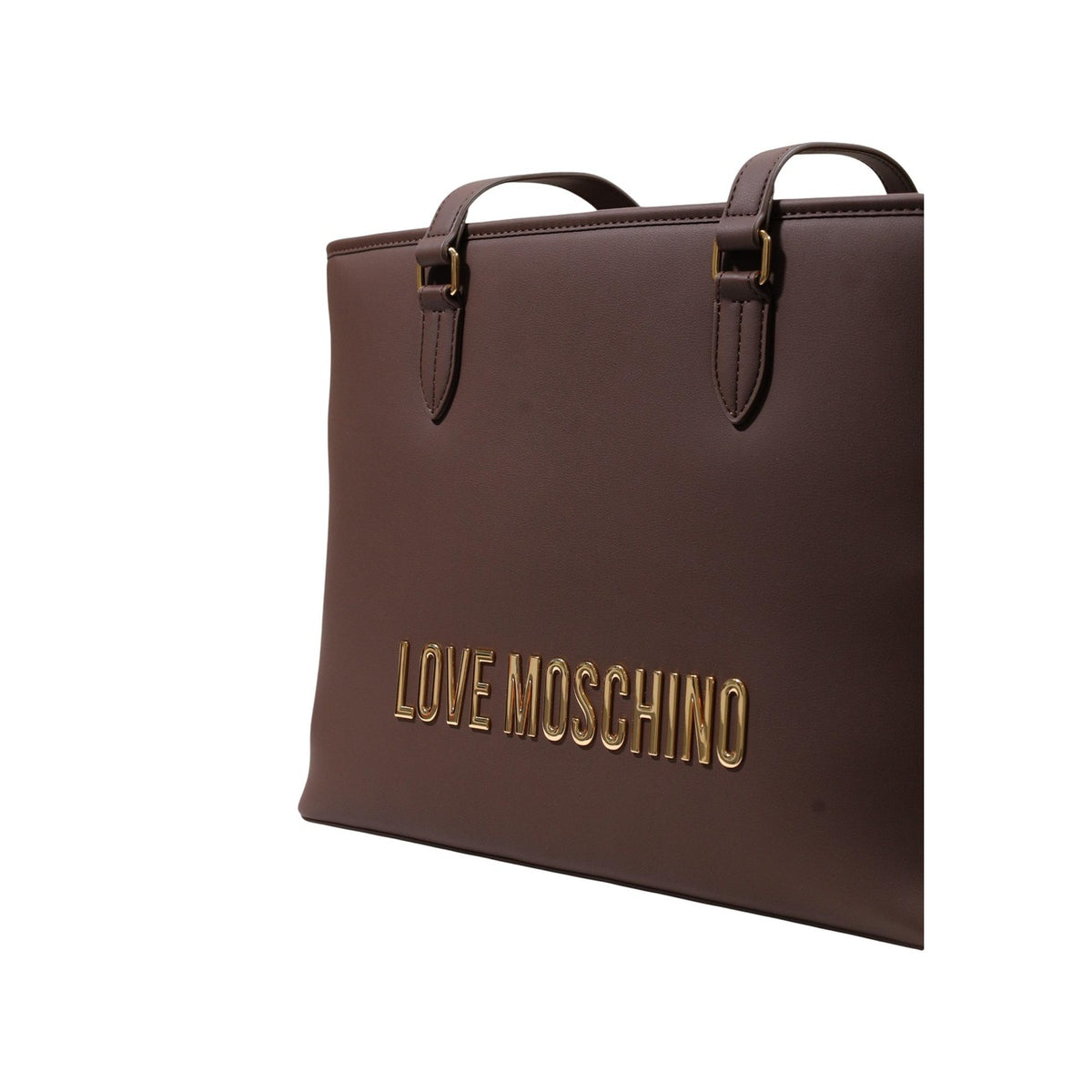 Borsa Love Moschino donna marrone grande modello JC4190PP. Shopping bag tote color marrone cuoio/cioccolato adatta per l'ufficio e il lavoro, con manici regolabili, ampio scomparto interno e scritte logo oro sul davanti, stile elegante e casual chic.