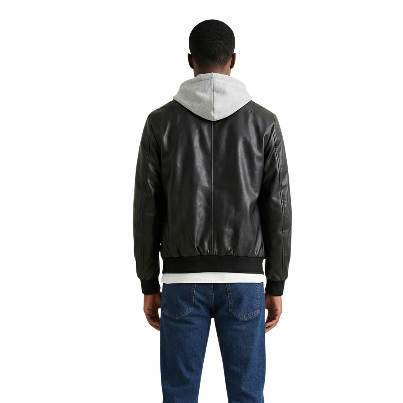 Gianni Lupo Bomber Ecopelle GL9731-S26; finitura liscia, chiusura zip, dettagli in maglia. Il bomber dal look urbano ideale per la mezza stagione. Colore nero. Vista posteriore