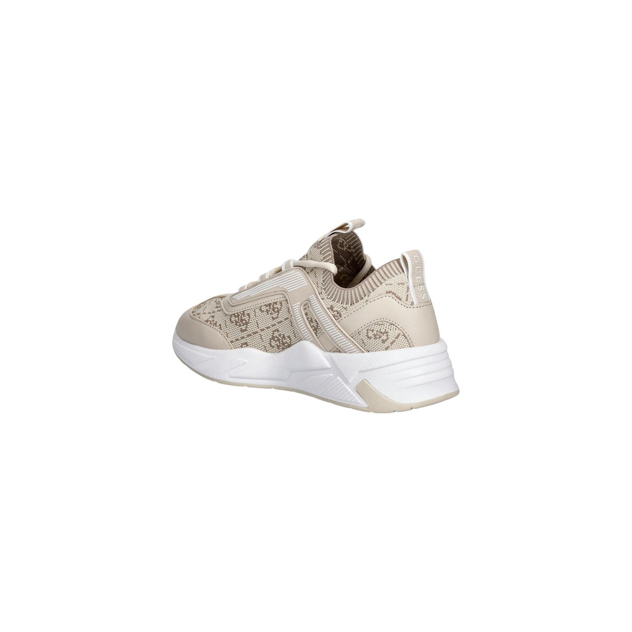 Sneakers Guess Genga Runner; Beige, Mix Poliestere/Poliuretano. Suola para 5,3 cm, logo 4G a caldo, dettagli logo triangolo. Design sportivo-chic, stagione Primavera/Estate. Vista posteriore