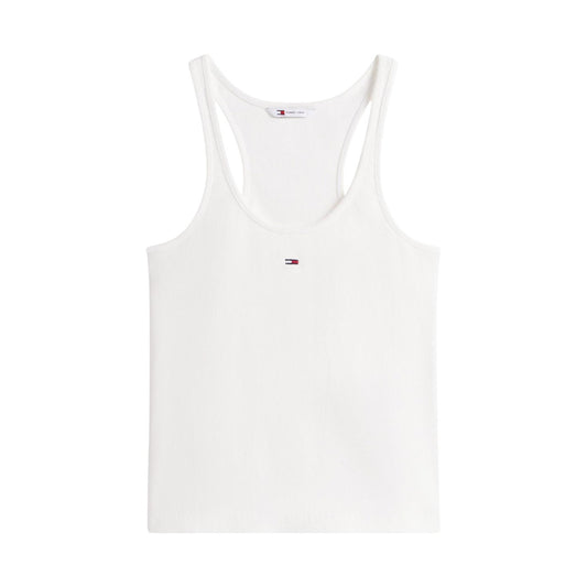 Canotta Tommy Hilfiger Jeans; Bianco, 96% Cotone Rigenerato. Tessuto a coste stretch, vestibilità aderente, logo ricamato. Capo leggero, sostenibile e traspirante. Stile Primavera/Estate. vista frontale stesa