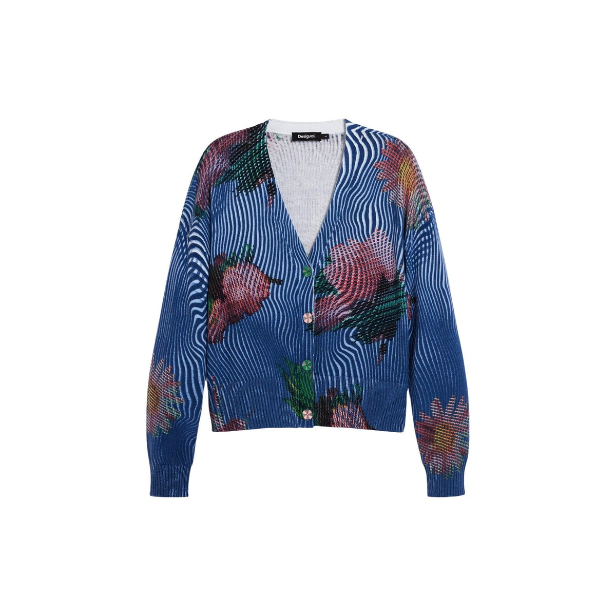 Cardigan Desigual donna blu floreale con bottoni manica lunga scollo a V - vista frontale steso