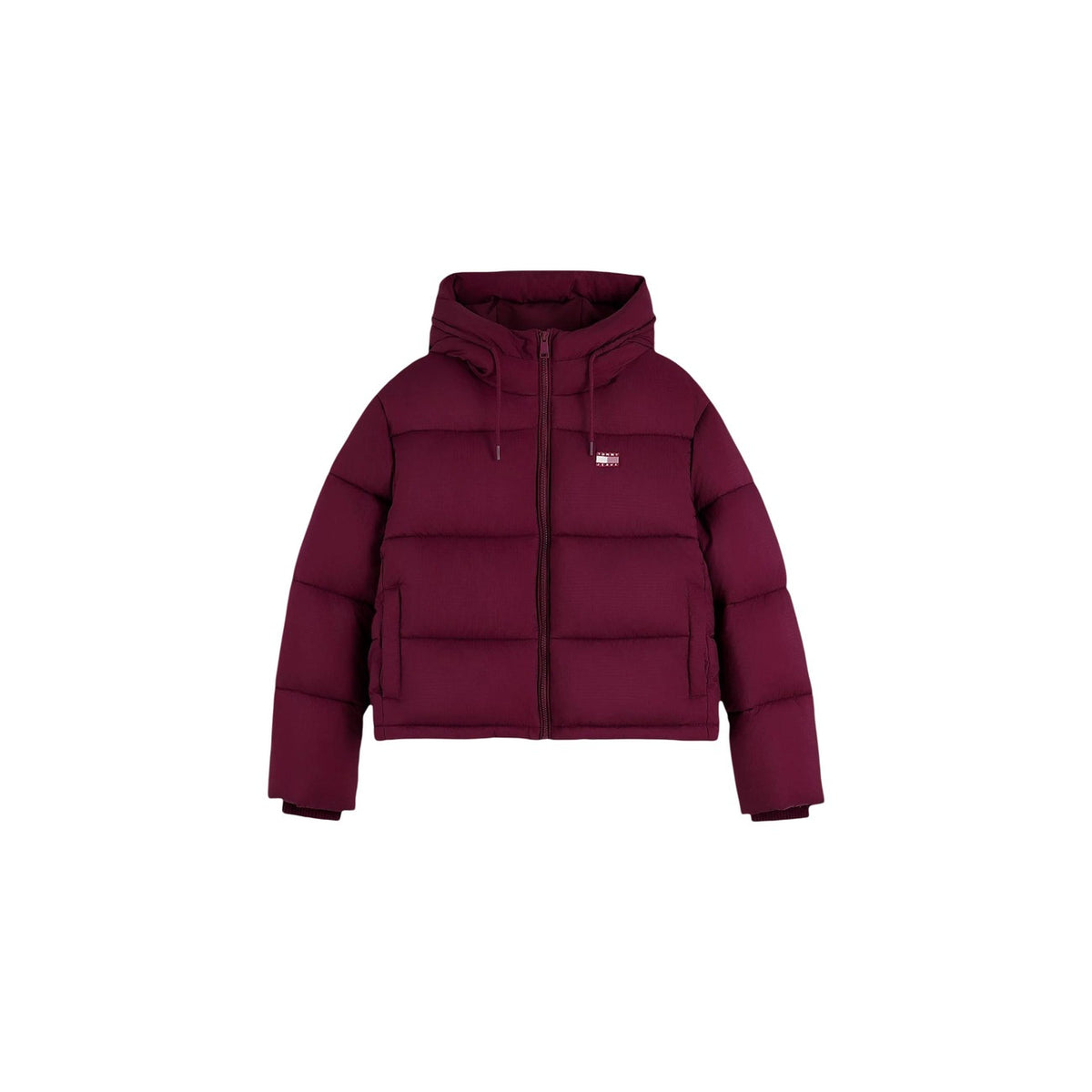 Giubbotto imbottito ripstop cappuccio calypso berry donna Tommy Jeans DW0DW21625V11. Giubbino invernale rosa calypso berry con logo tono su tono.