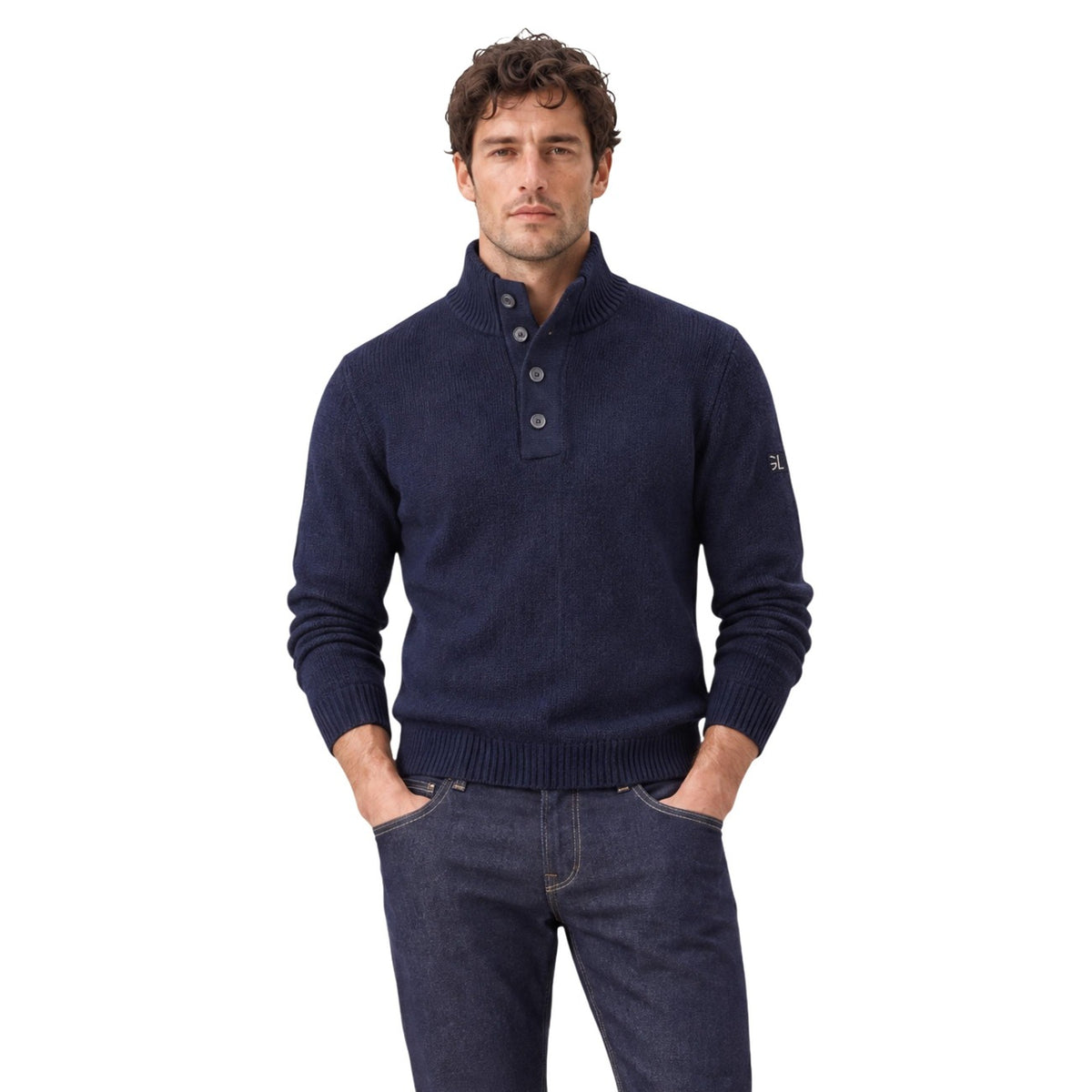 Maglione uomo Gianni Lupo blu – Maglia collo alto con bottoni in misto lana GL35078-F26.