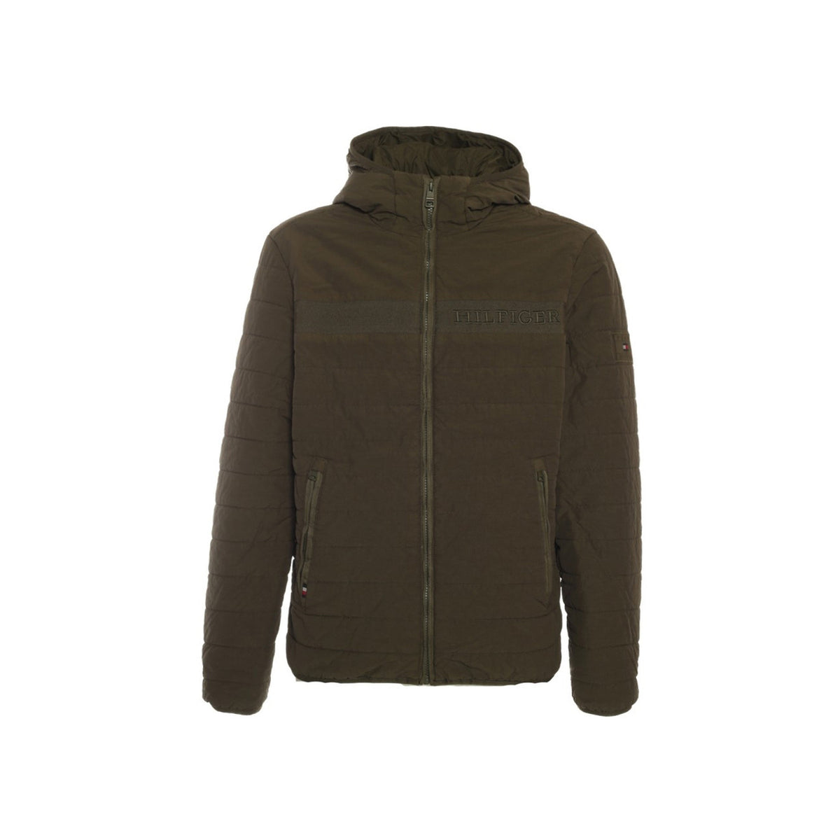 Giubbotto Tommy Hilfiger Denim uomo verde con cappuccio cerniera tasche 100% poliestere - vista frontale