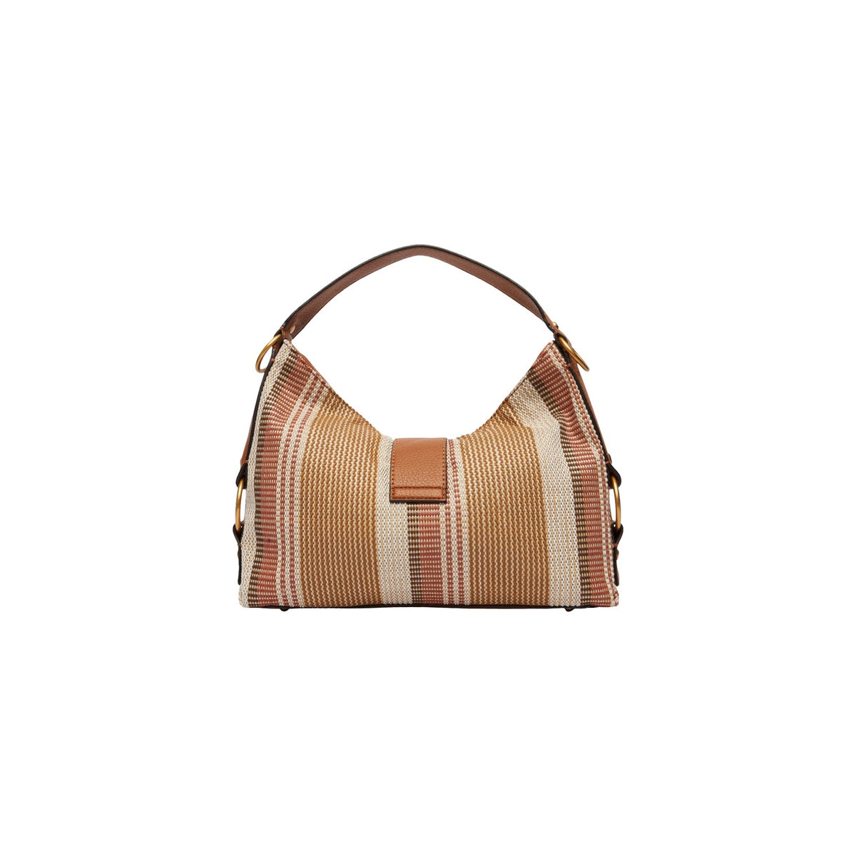 Borsa a Spalla Donna Guess Camden; Beige. Tessuto sintetico e cotone a righe con dettagli in similpelle e metalleria bronzo logata. Chiusura con zip e manico removibile (24 cm). Misure medie e capienti (36x26 cm). Posteriore