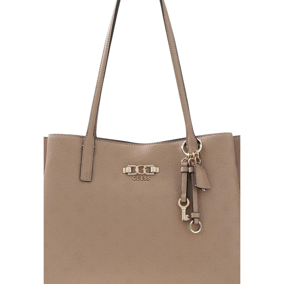 Guess Anise Multi Comp Tote HWPD99, borsa beige scuro grande a spalla con dettagli dorati e charm; interno multi-scomparto, chiusura sicura e logo metallico, massima praticità e stile. Vista frontale Dettagli logo