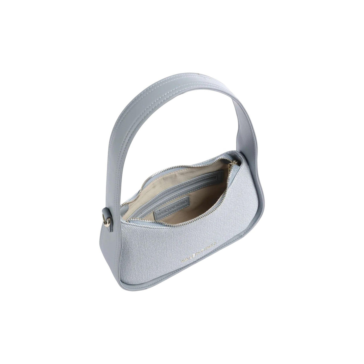 Borsa Baguette Piccola Blu Donna Valentino Bags Atena; Misure 6x15x6 cm. Tessuto 100% cotone con manico superiore regolabile e tracolla rimovibile. Chiusura superiore con cerniera oro lucida, stile elegante e primaverile. Vista aperta
