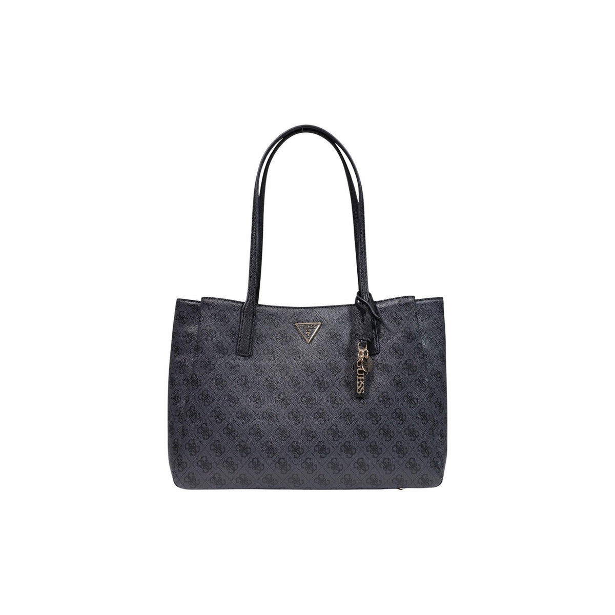 Borsa Shopper Grande Donna grigio antracite Guess Anadela; Struttura 100% poliuretano con motivo logo all-over e chiusura a zip. Triplo scomparto interno, manici lunghi a spalla e charm coordinato, stile elegante 4 stagioni.