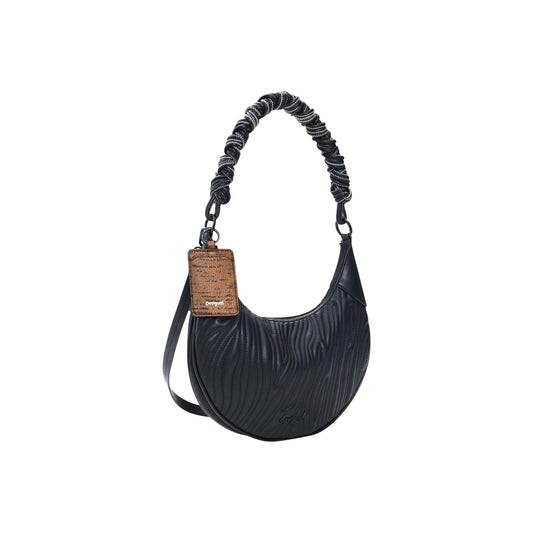 Borsa di forma ovale, con tracolle intercambiabili, stampa in rilievo e dettaglio di charm con porta carte. Vista frontale laterale