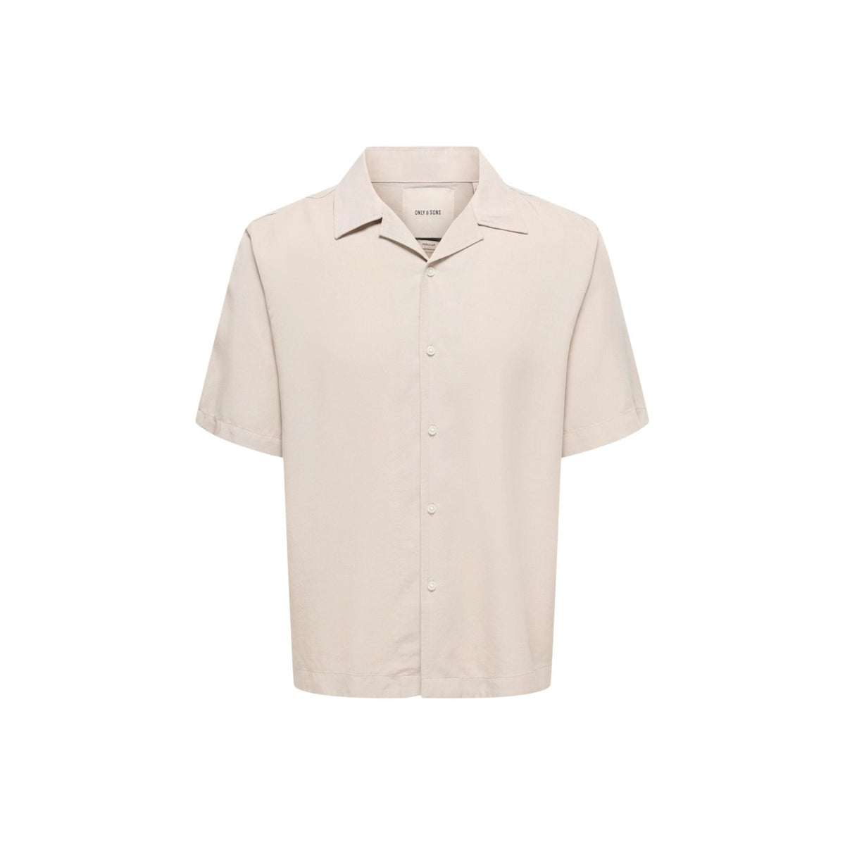 Camicia Only & Sons Onsperu; beige, 100% Tencel. Maniche corte, regular fit, colletto aperto. Tessuto traspirante, sostenibile e antipiega naturale. Ideale per la stagione estiva. Vista Frontale stesa