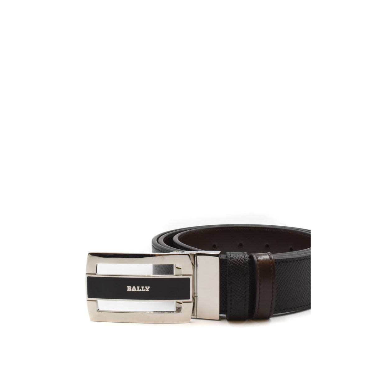 Cintura Fabazia Uomo Bally Nero 100% Pelle. Fibbia con logo. Vista frontale Logo dettaglio