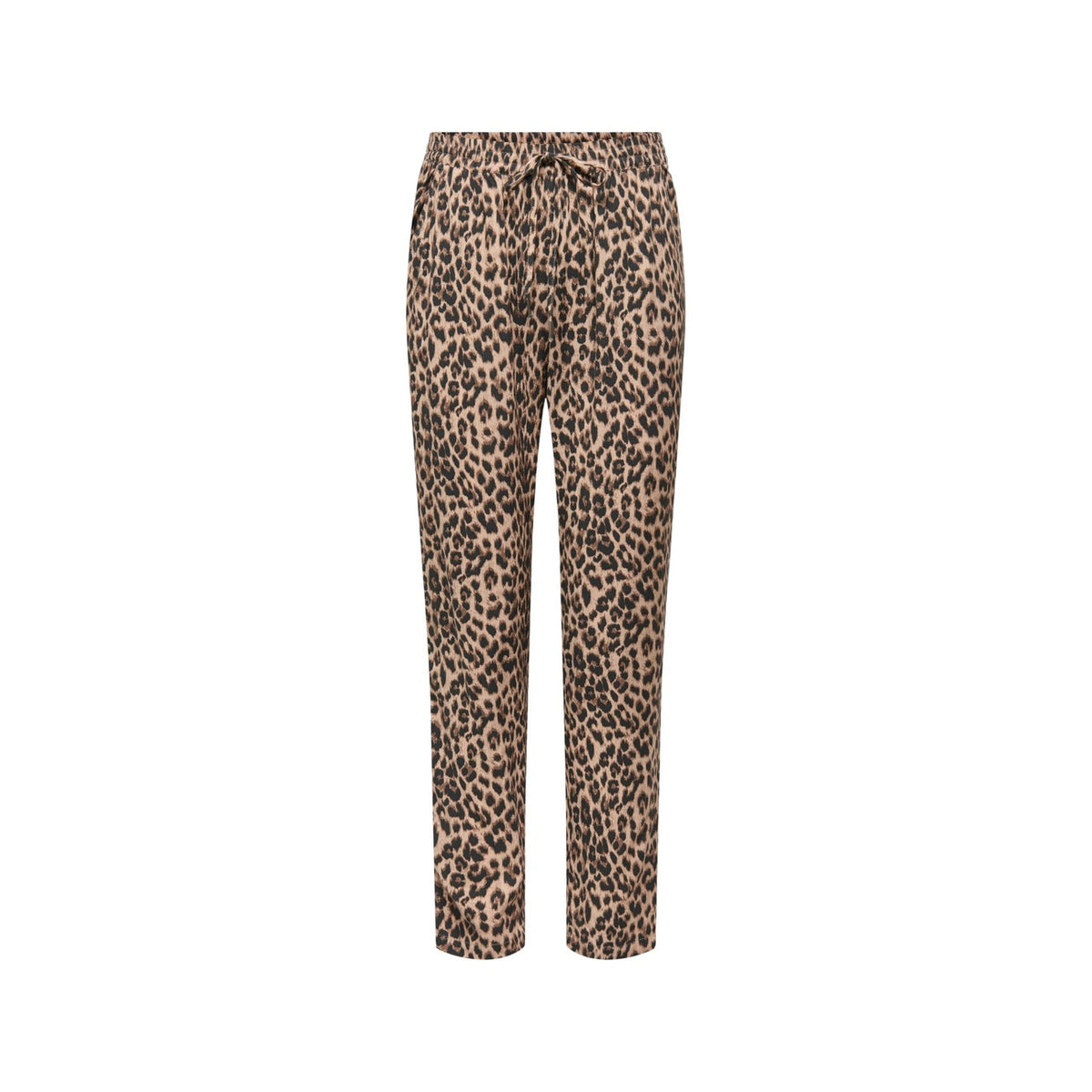 Pantaloni Only Animalier; 100% Viscosa. Vita elastica con coulisse, tasche laterali, linea regular. Tessuto leggero effetto seta. Pantaloni donna casual-wild ideali per l'estate. Frontale stesa