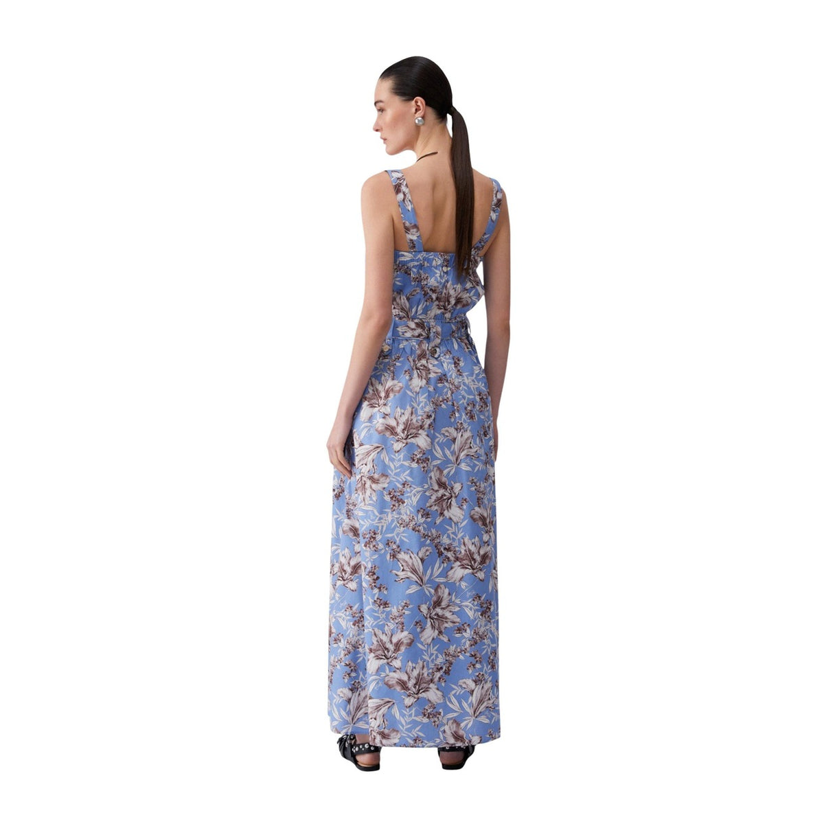Abito Liu Jo WA6312; 100% cotone. Stampa floreale, vita definita, spalline larghe, tasche laterali. Vestito lungo estivo leggero, raffinato e confortevole. Vista posteriore