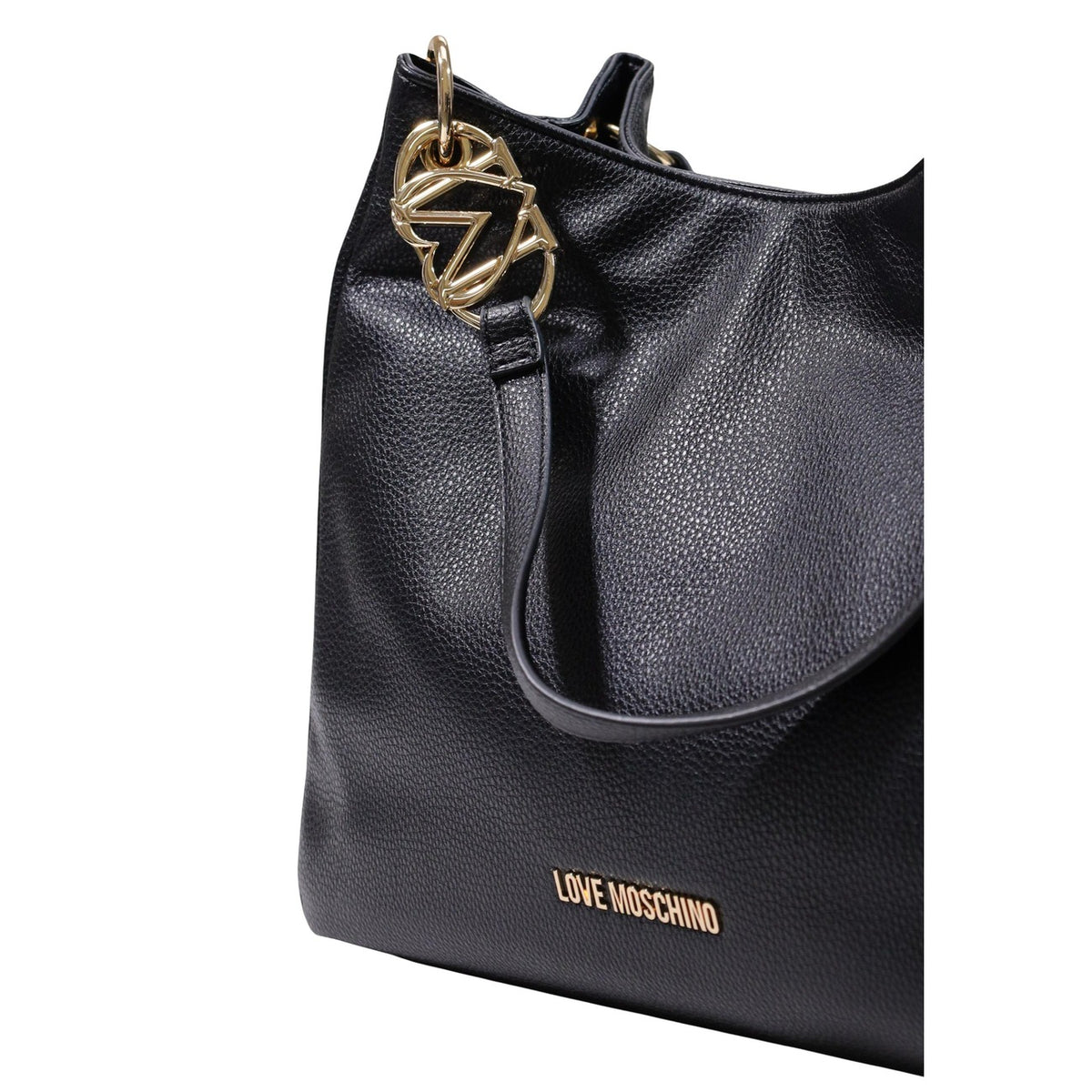 Borsa Love Moschino donna nera grande a spalla modello JC4014PP. Sacca hobo spaziosa effetto pelle nera con finiture oro intrecciate sui manici e zip stile elegante, casual chic e da lavoro.
